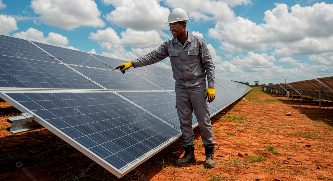 Homem limpando placa solar