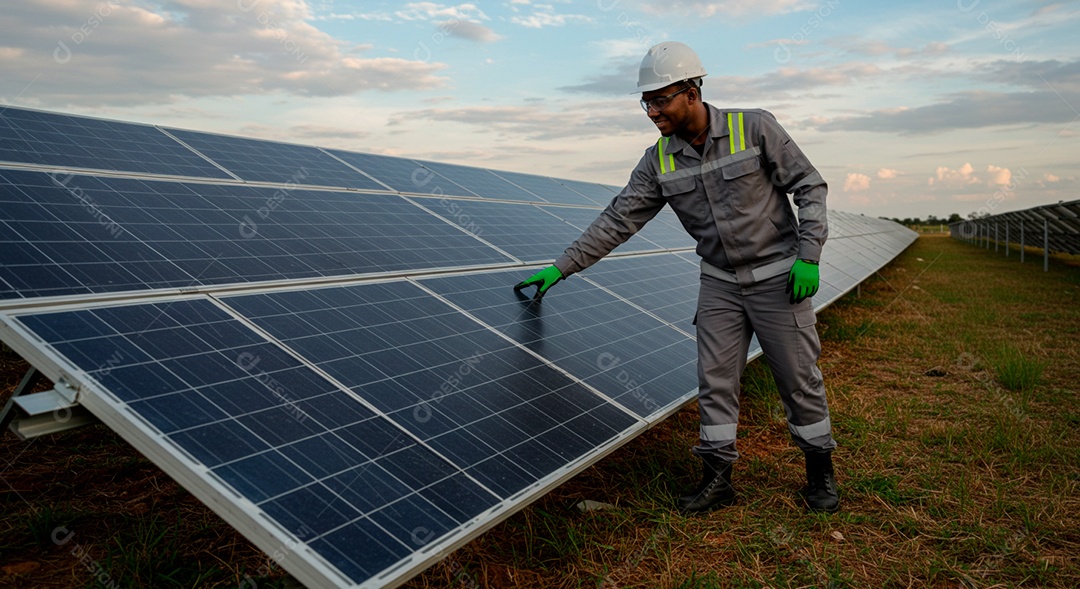 Homme limpando placa solar