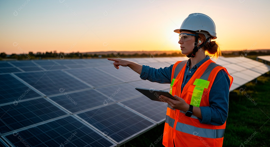 Linda mulher ao lado de placa solar