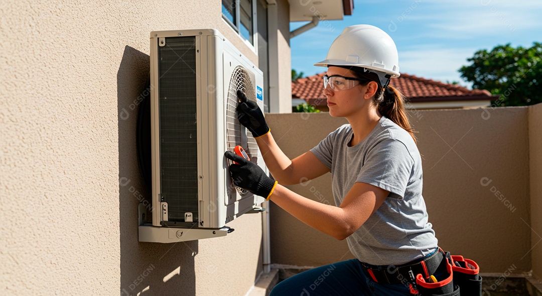 Linda mulher instalando ar condicionado
