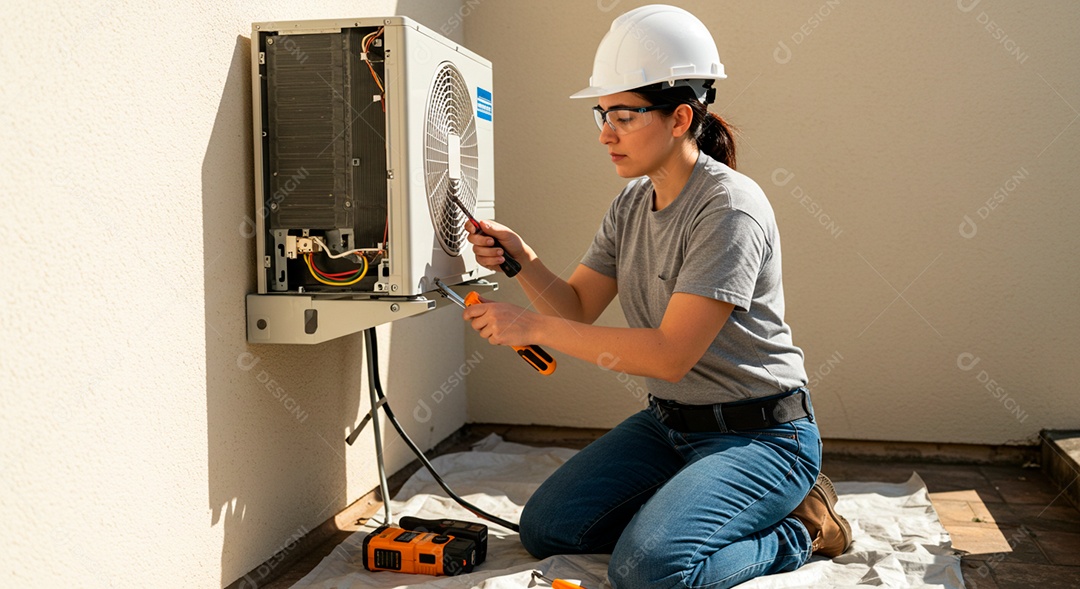 Linda mulher instalando ar condicionado