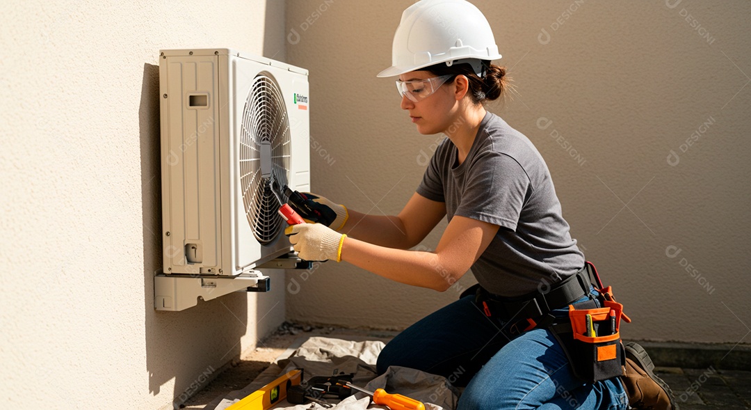 Linda mulher eletricista sorridente trabalhando