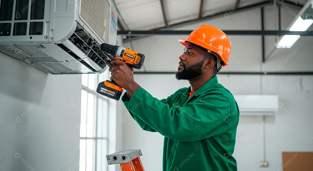 Homem jovem instalando ar condicionado