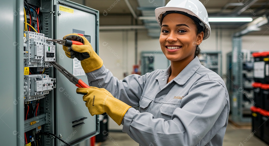 Linda mulher eletricista sorridente trabalhando