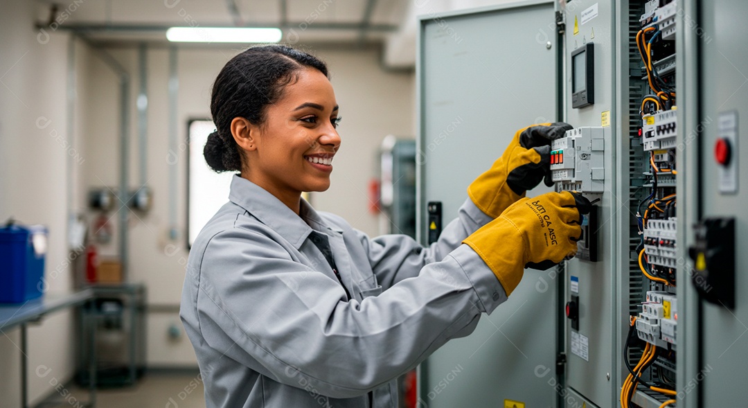 Linda mulher eletricista sorridente trabalhando