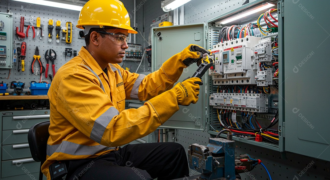 Homem jovem eletricista trabalhando