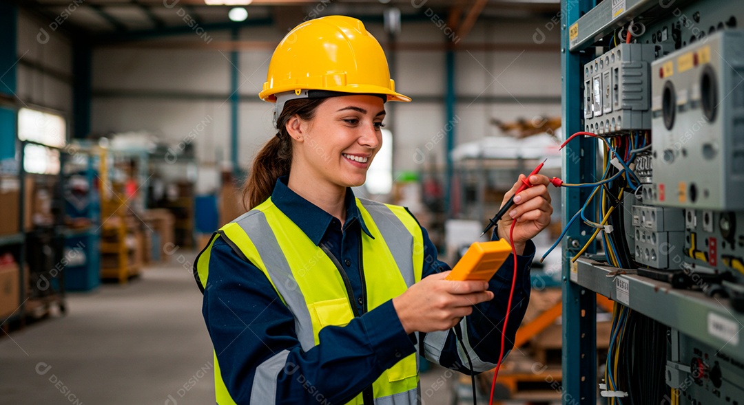 Linda mulher eletricista sorridente trabalhando