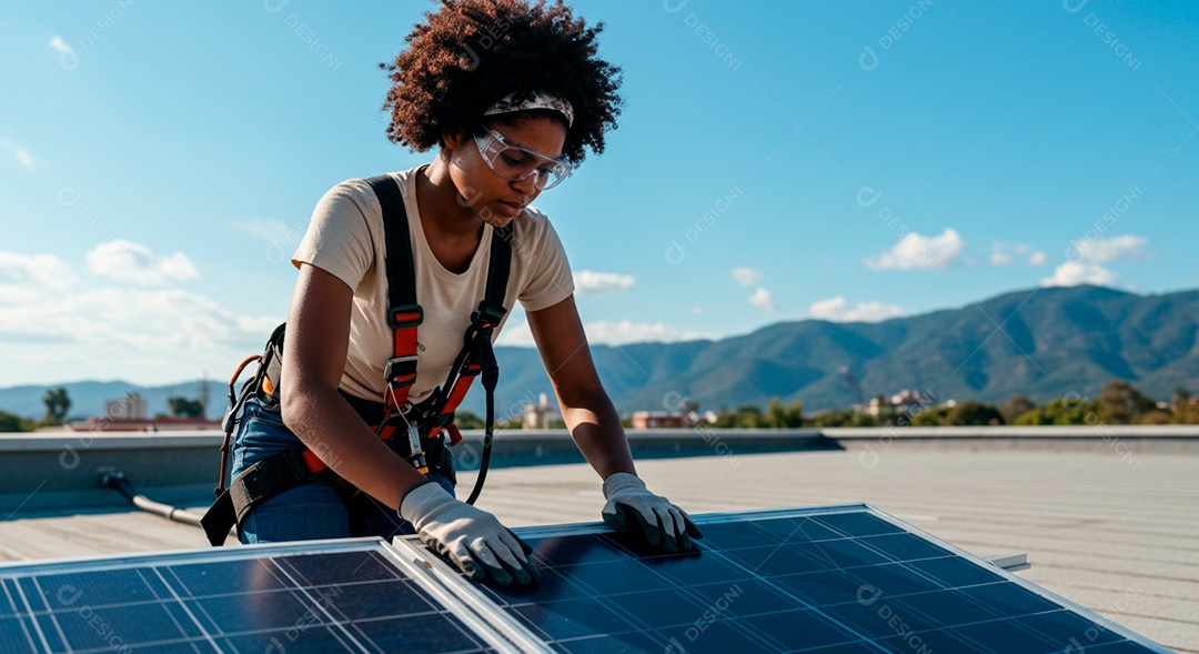 Linda mulher limpando placa solar