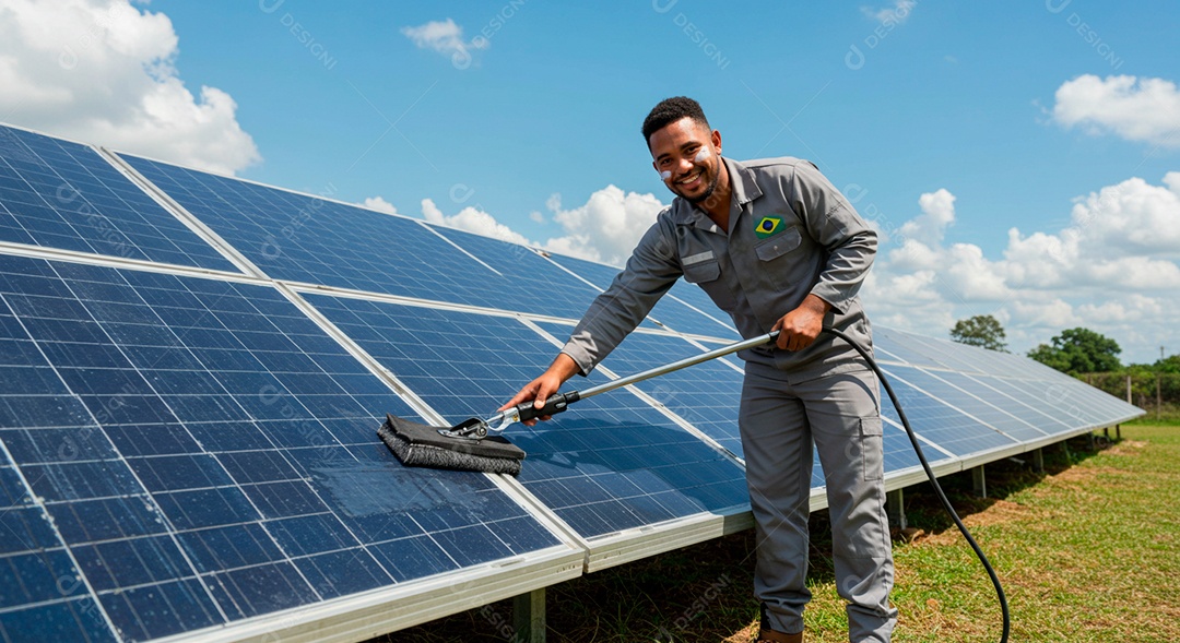 Homem limpando placa solar