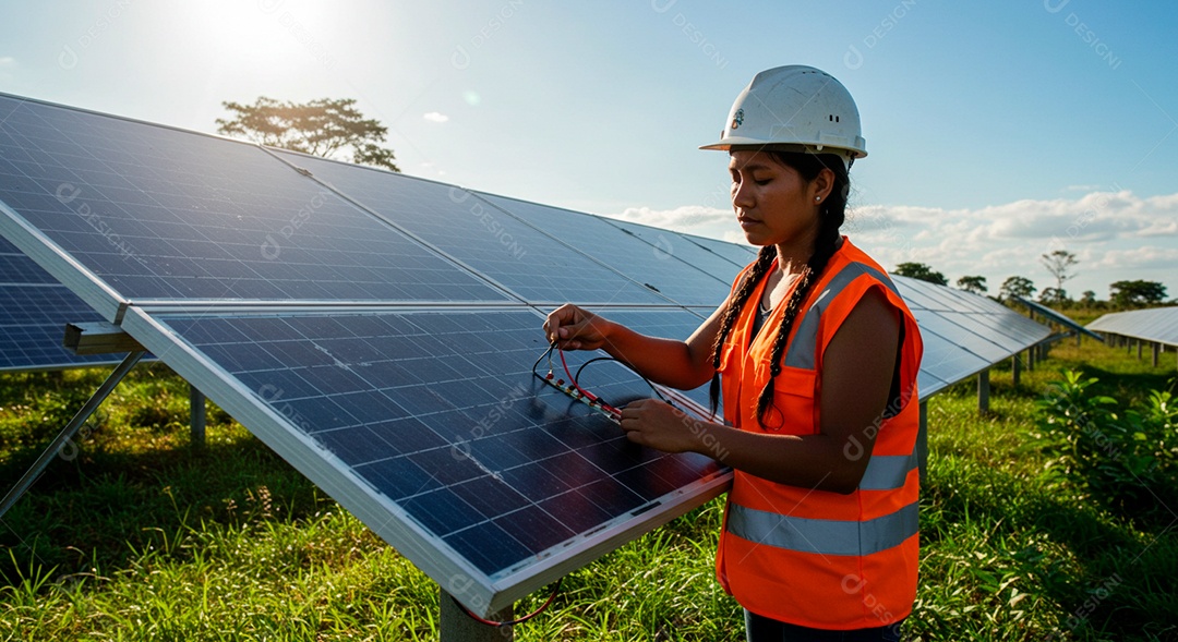 Linda mulher instalando placa solar