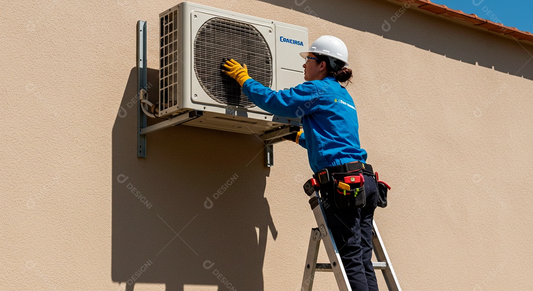 Linda mulher instalando ar condicionado