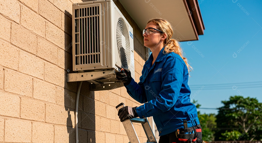 Linda mulher instalando ar condicionado