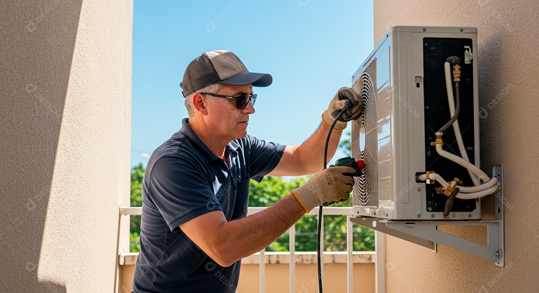 Linda mulher instalando ar condicionado