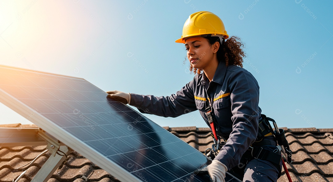 Linda mulher instalando placa solar