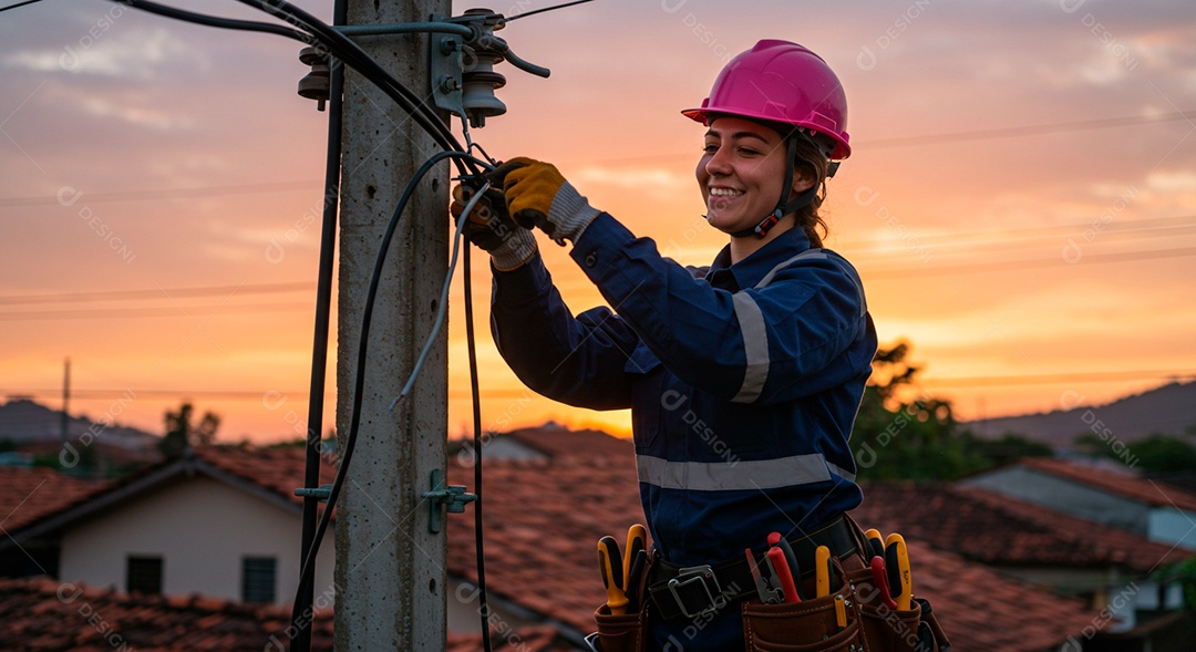 Linda mulher eletricista sorridente trabalhando