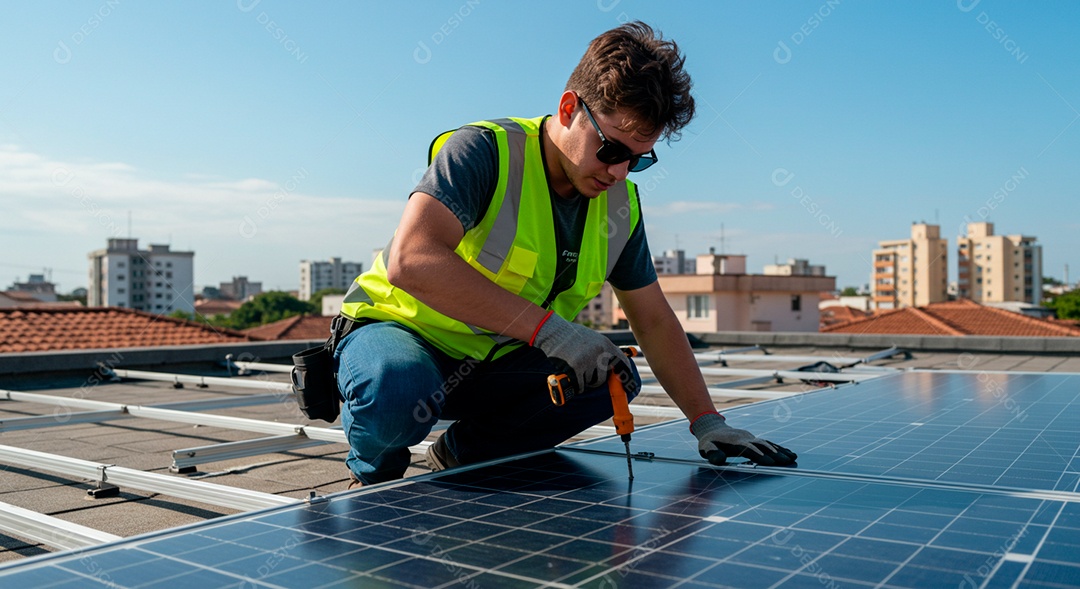 Homem jovem instalando placa solar