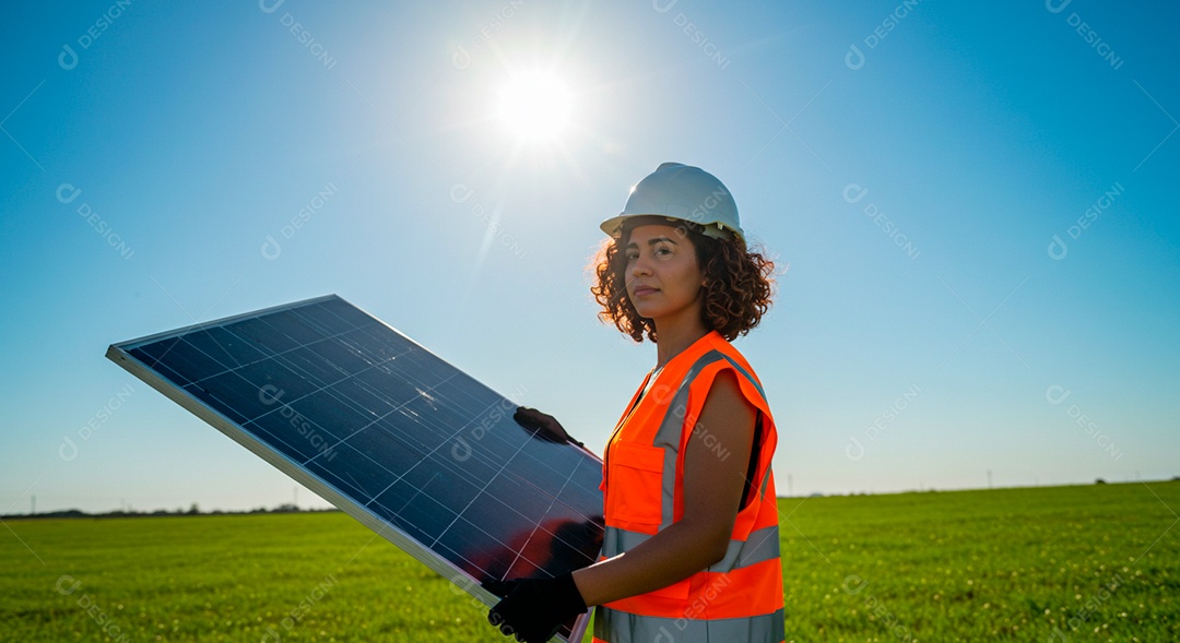 Linda mulher segurando placa solar sobre campo fotovoltaica