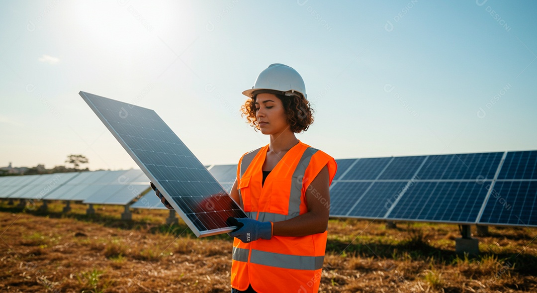 Linda mulher segurando placa solar sobre campo fotovoltaica
