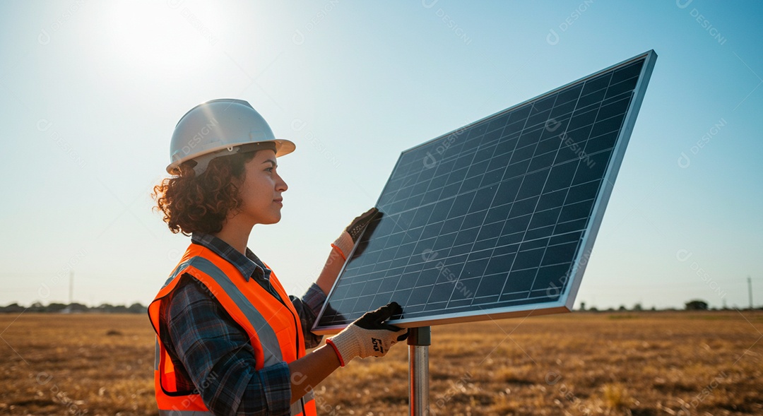 Linda mulher segurando placa solar