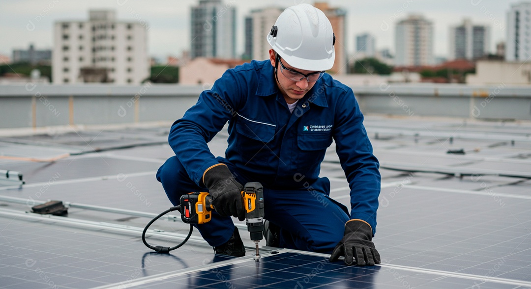 Homem jovem instalando placa solar