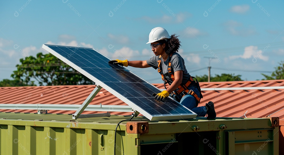 Linda mulher instalando placa solar