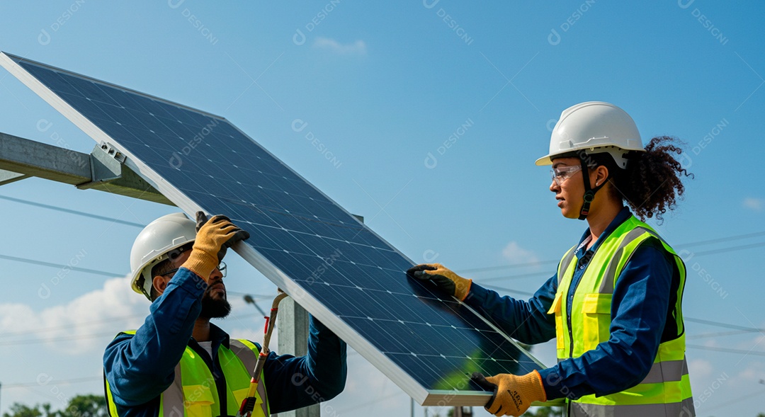Pessoas jovens trabalhando sobre campo fotovoltaica