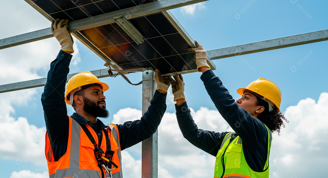Pessoas jovens instalando placa solar