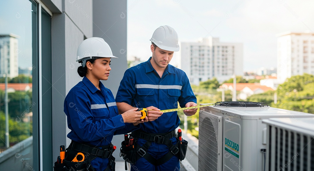 Pessoas jovens instalando ar condicionado