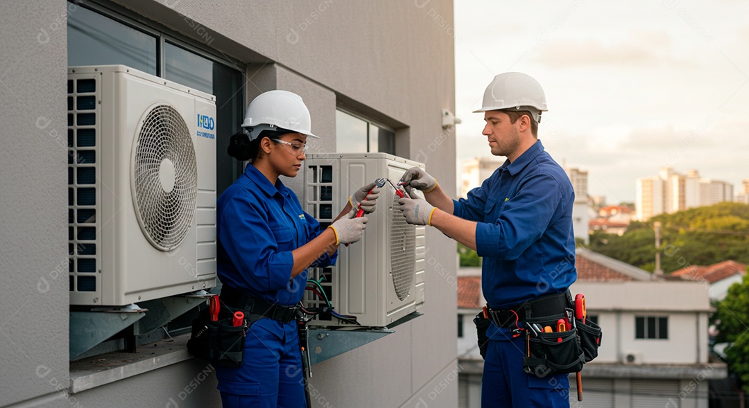 Pessoas jovens instalando ar condicionado