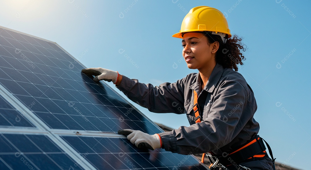 Linda mulher instalando placa solar