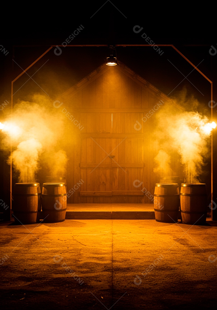 Cenário de Palco iluminado com luzes sobre um galpão