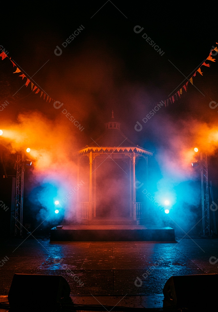 Cenário de Palco iluminado com luzes sobre um galpão