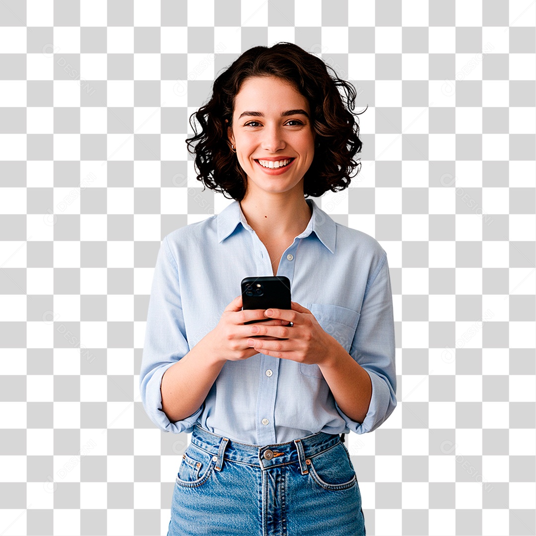 Mulher com Celular PNG Transparente