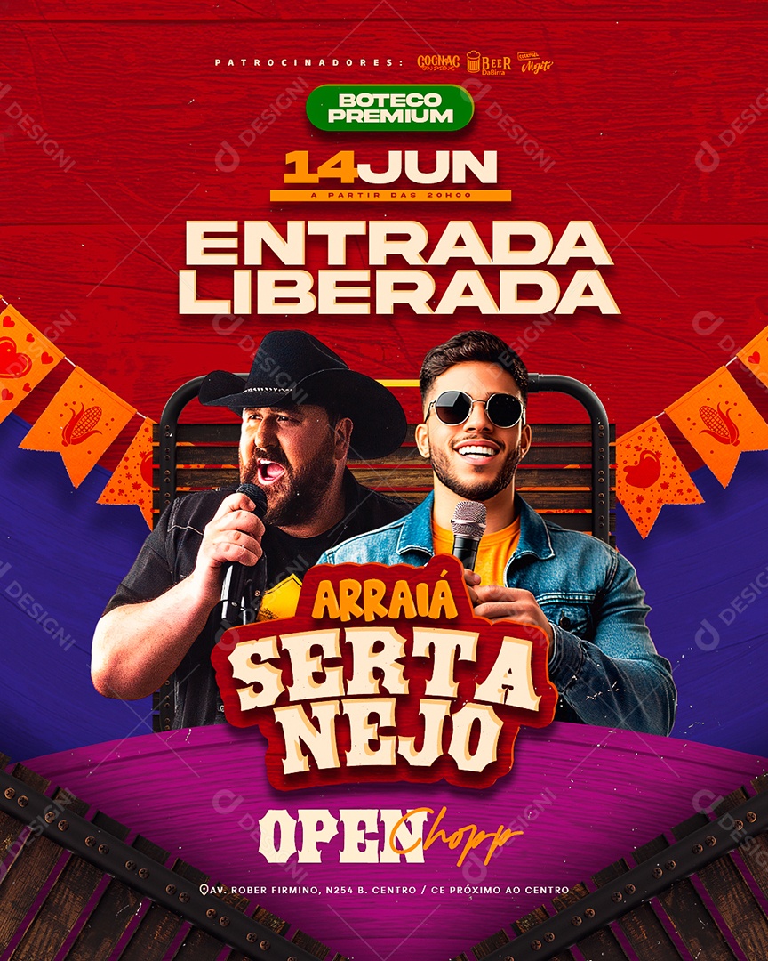 Flyer Entrada Liberada Arraiá Sertanejo Social Media PSD Editável
