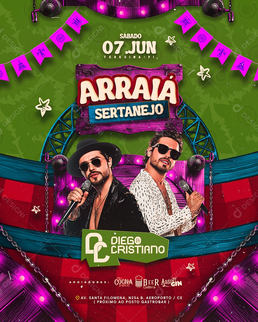 Flyer Arraiá Sertanejo Diego e Cristiano Social Media PSD Editável