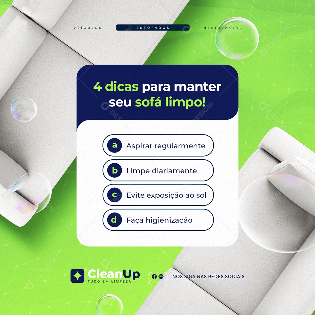 Lavagem a Seco Quatro Dicas para Manter seu Sofá Limpo Social Media PSD Editável