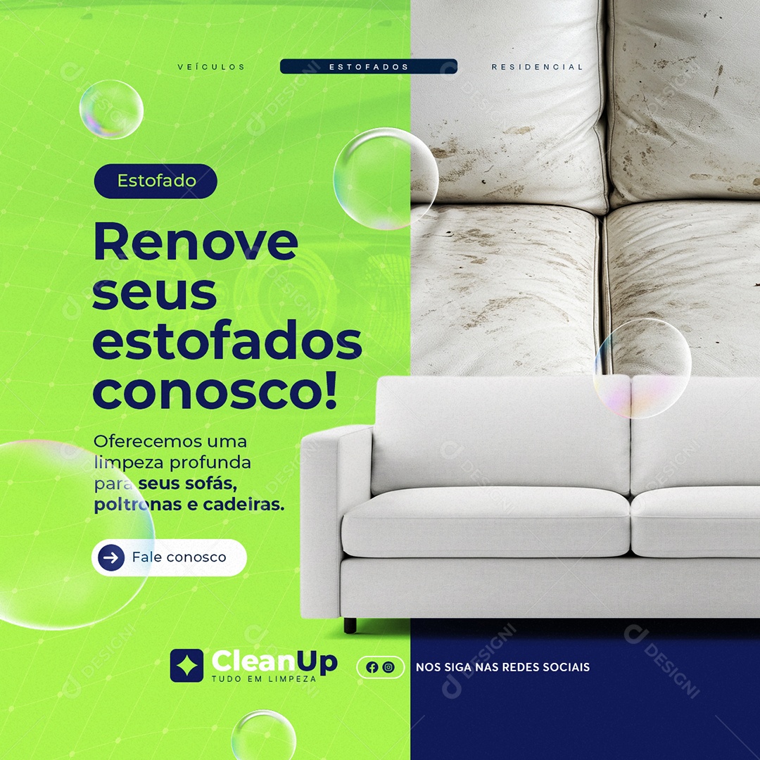 Lavagem a Seco Estofado Renove seus Estofados Conosco Social Media PSD Editável