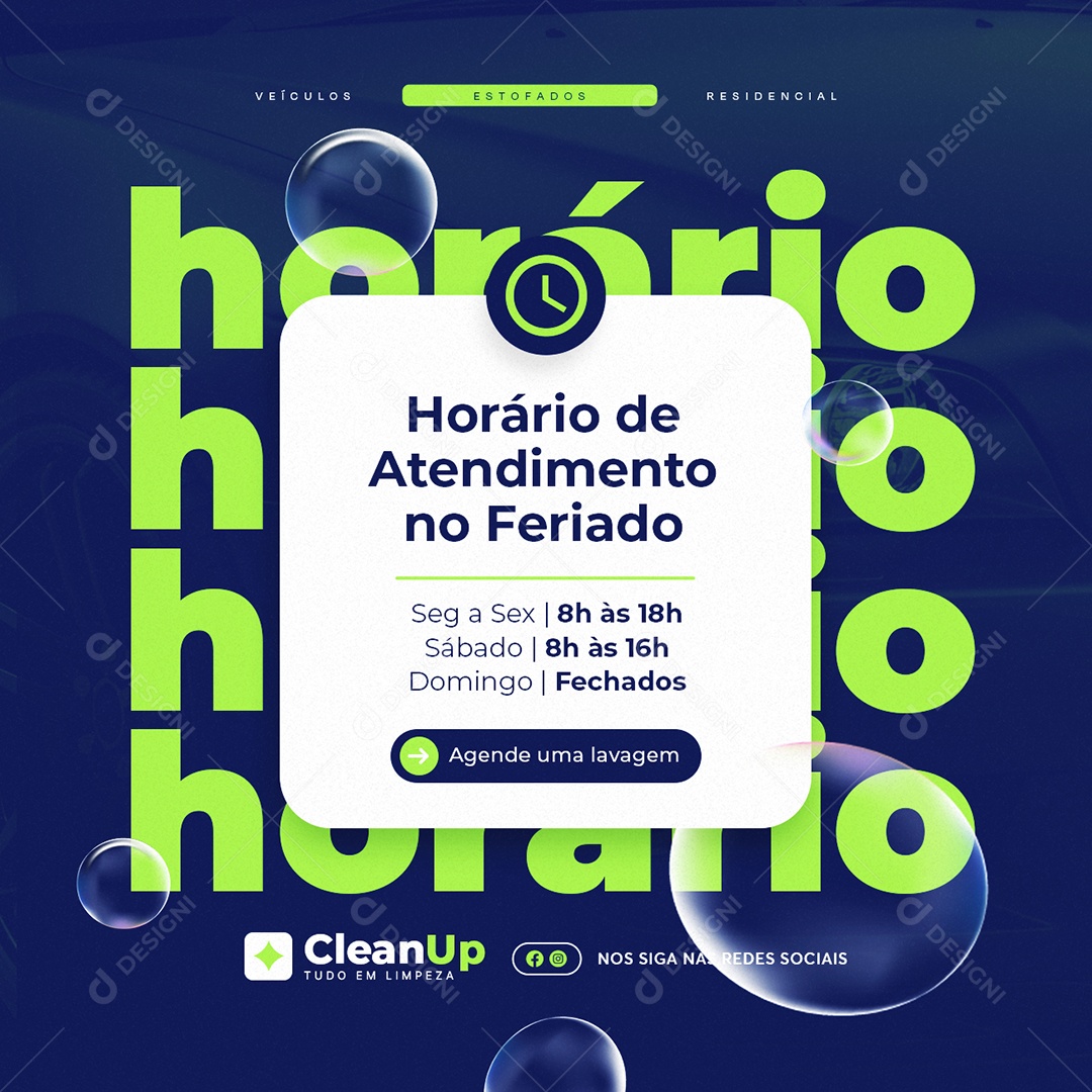Lavagem a Seco Horário de Atendimento no Feriado Social Media PSD Editável