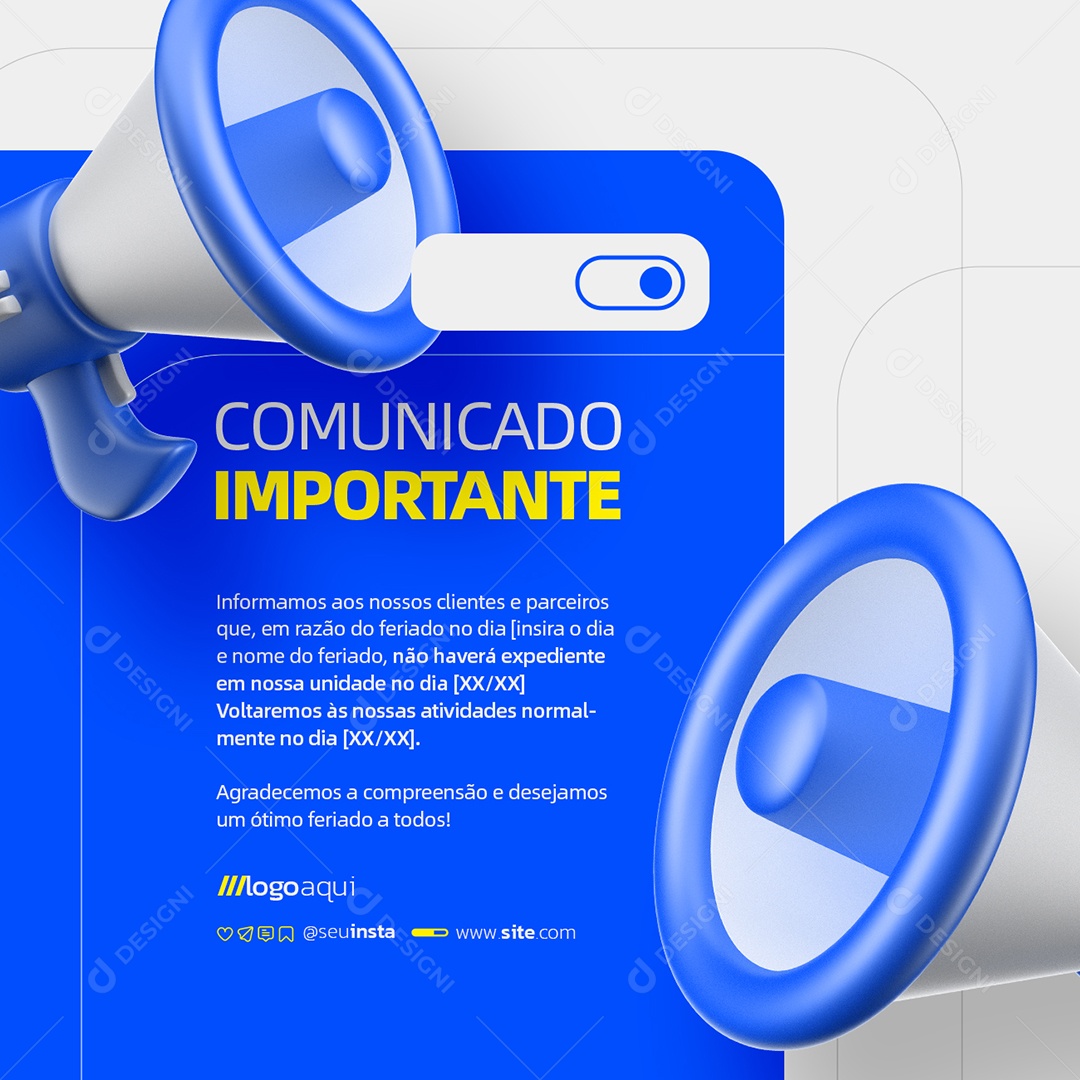 Comunicado Importante Feriado Social Media PSD Editável