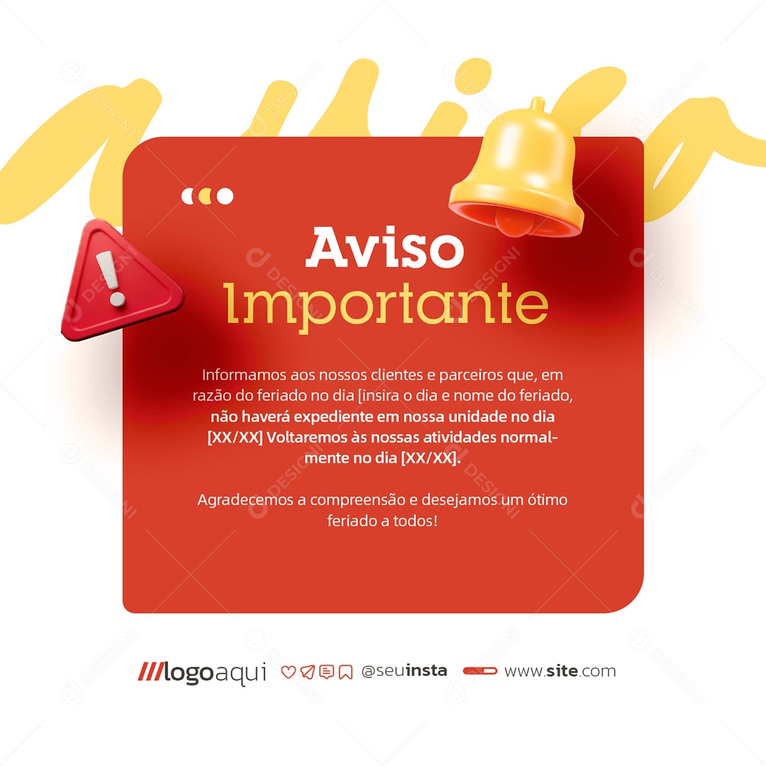 Comunicado Aviso Importante Feriado Social Media PSD Editável