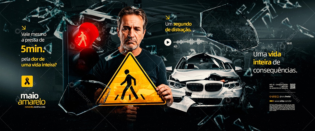 Carrossel Maio Amarelo Um Segundo de Distração Social Media PSD Editável