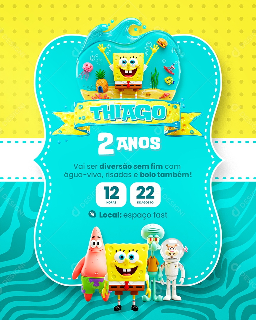 Modelo de Convite de Aniversário Bob Esponja Socia Media PSD Editável