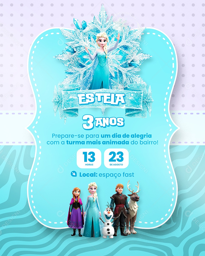 Modelo de Convite de Aniversário Frozen Socia Media PSD Editável