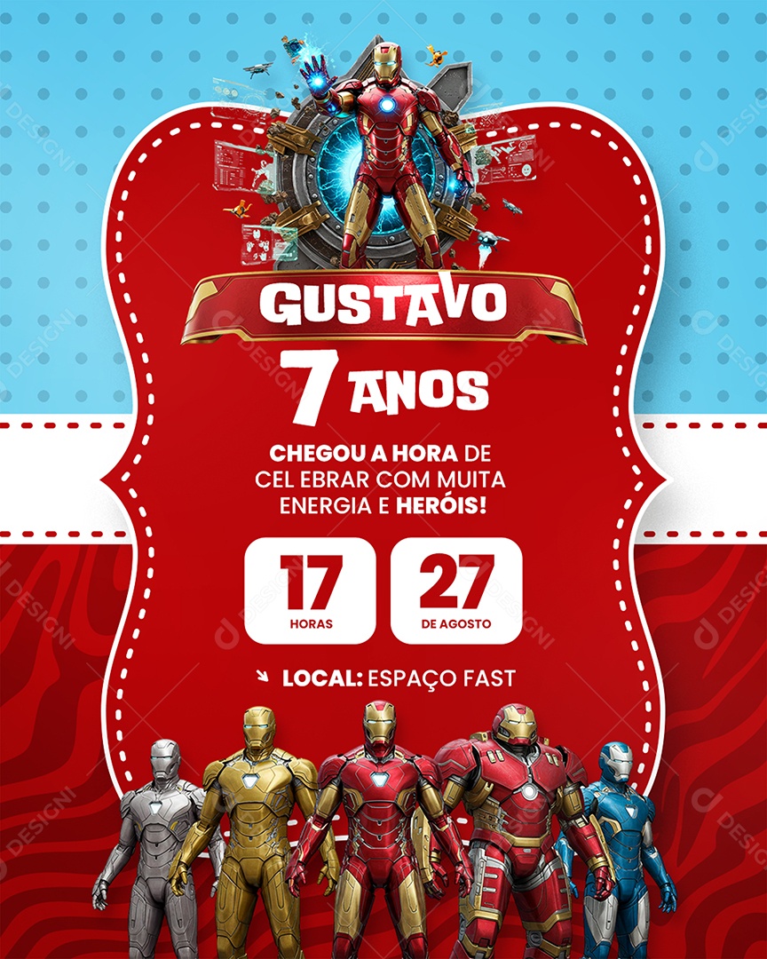 Modelo de Convite de Aniversário Homem de Ferro Socia Media PSD Editável