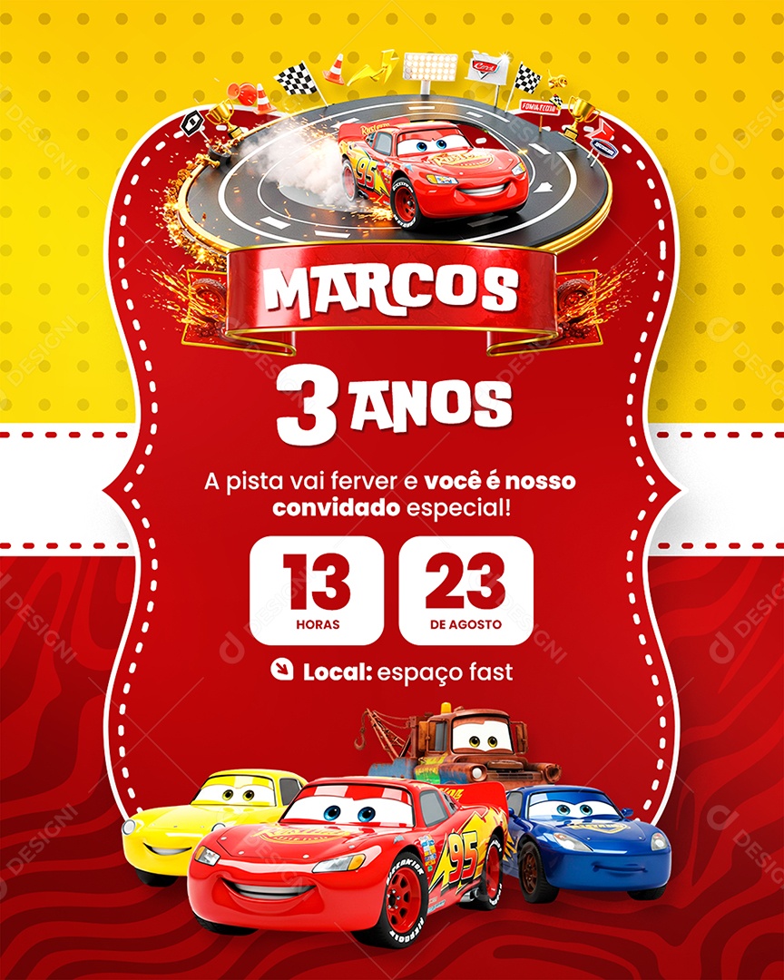 Modelo de Convite de Aniversário Carros Socia Media PSD Editável