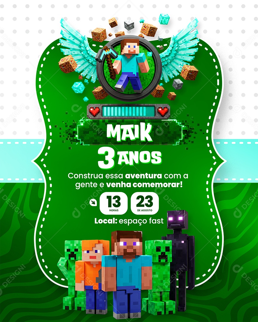 Modelo de Convite de Aniversário Minecraft Socia Media PSD Editável