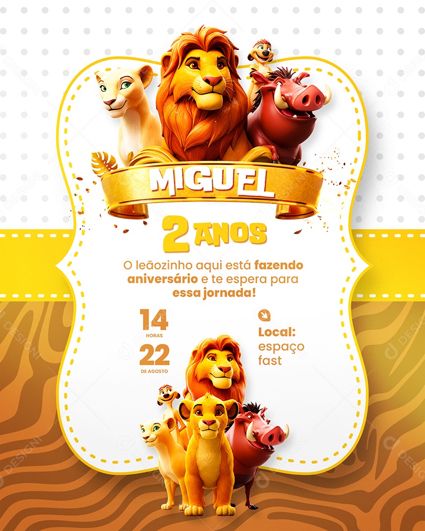 Modelo de Convite de Aniversário Rei Leão Socia Media PSD Editável