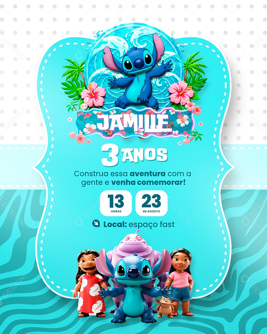 Modelo de Convite de Aniversário Lilo & Stitch Socia Media PSD Editável