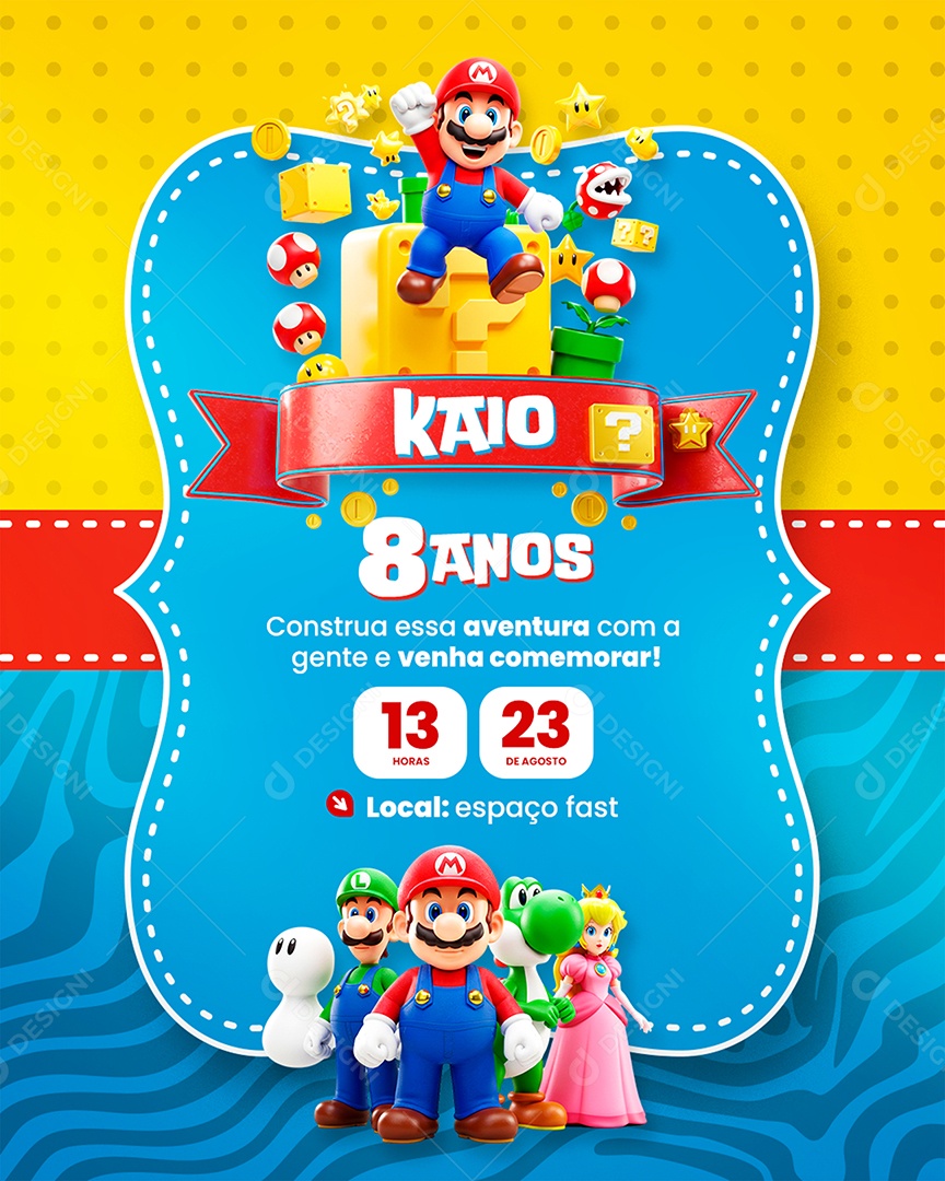 Modelo de Convite de Aniversário Mario Bross Socia Media PSD Editável
