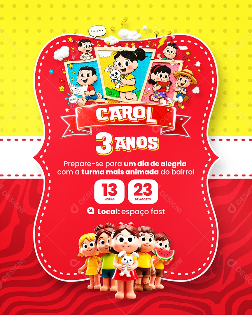 Modelo de Convite de Aniversário Turma da Mônica Socia Media PSD Editável